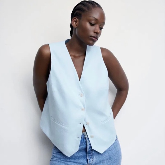 NWT Mango Linen Vest Baby Blue Size Large - Picture 1 of 7